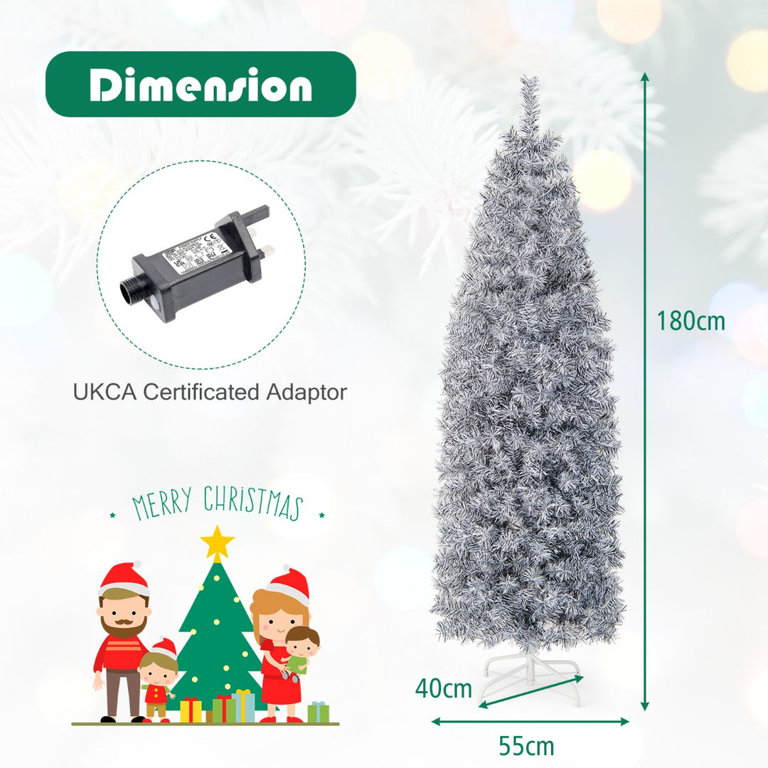 180 cm Slim Christmas Tree, Artificial Xmas Tree with 475 Branch Tips and 250 Cold White LED Lights