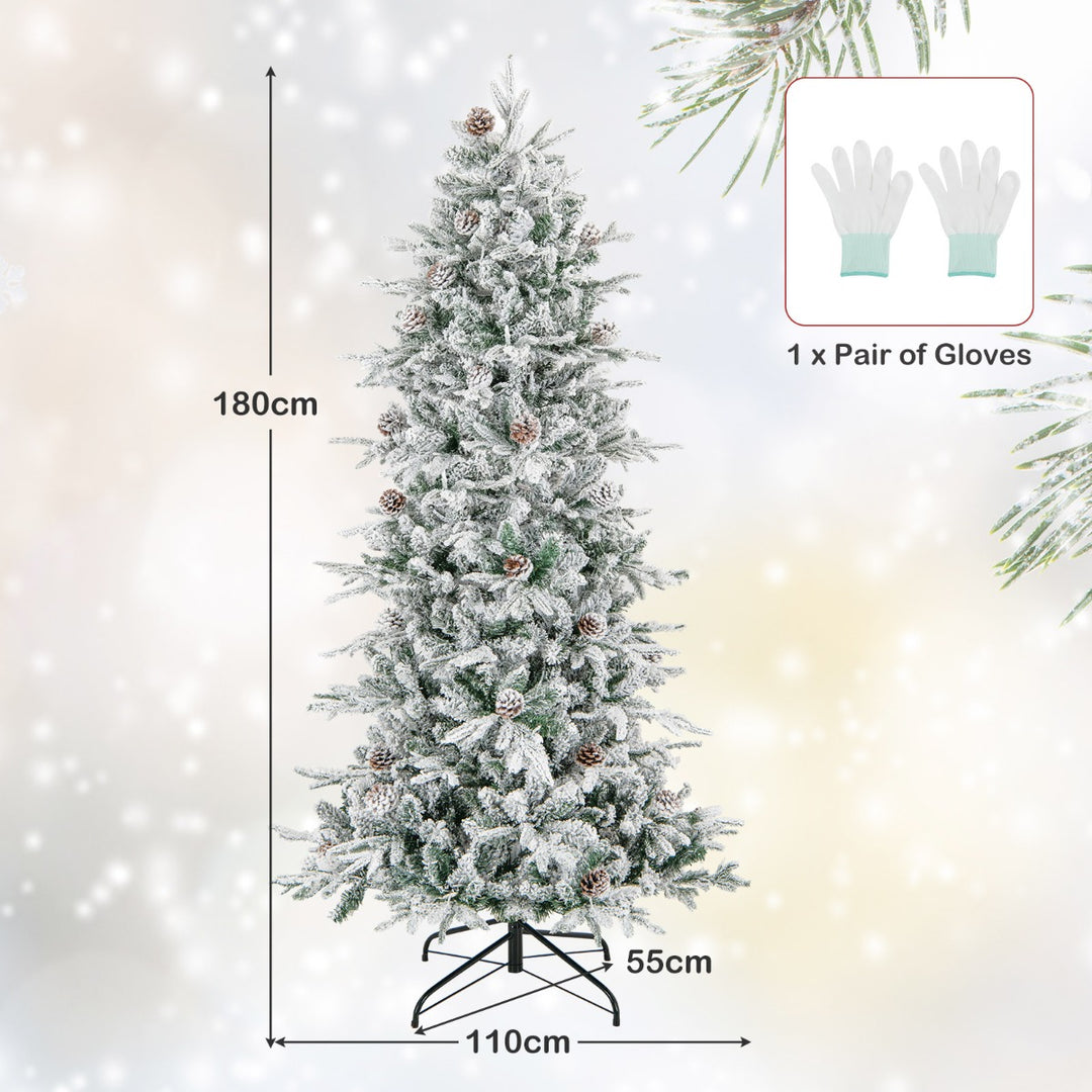 180 cm Artificial Xmas Tree with Flocked Branch Tips Natural Pine Cones Warm White Lights