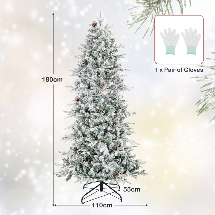 180 cm Artificial Xmas Tree with Flocked Branch Tips Natural Pine Cones Warm White Lights