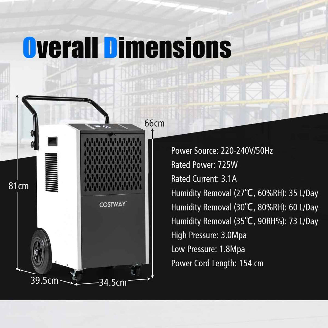 73 L/Day Commercial Dehumidifier with Drain Hose and Timer for Efficient Moisture Control