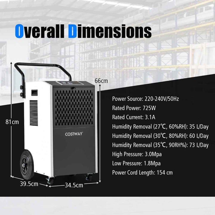73 L/Day Commercial Dehumidifier with Drain Hose and Timer for Efficient Moisture Control