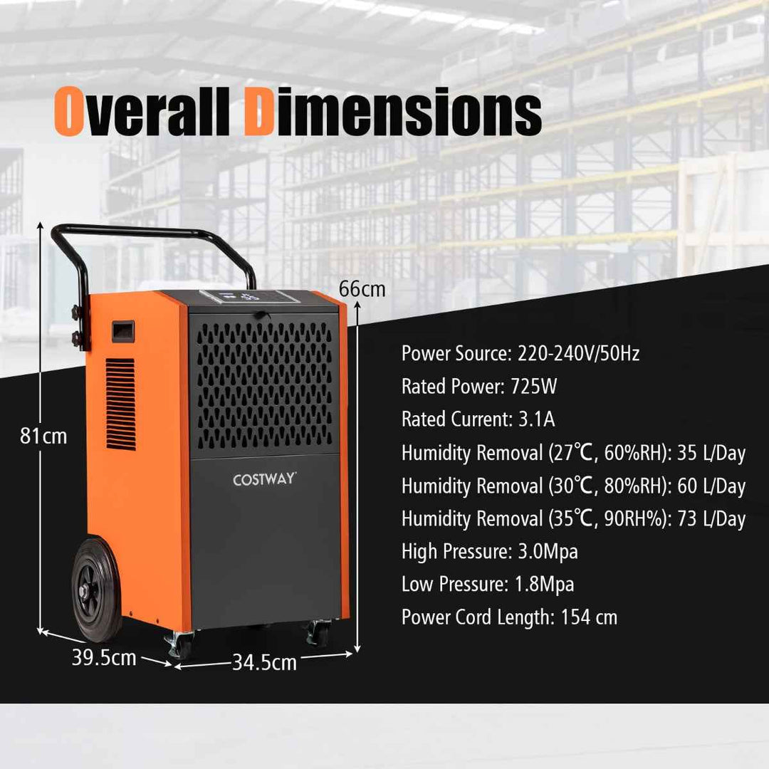 73 L/Day Commercial Dehumidifier with Drain Hose and Timer for Efficient Moisture Control