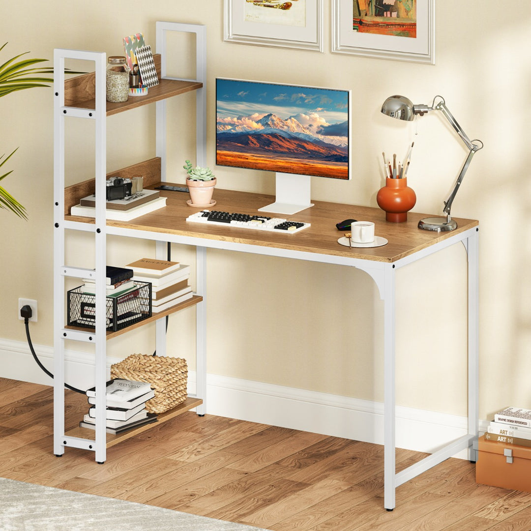 Computer Desk with Power Strip 120 CM Study Writing Desk with Bookshelf