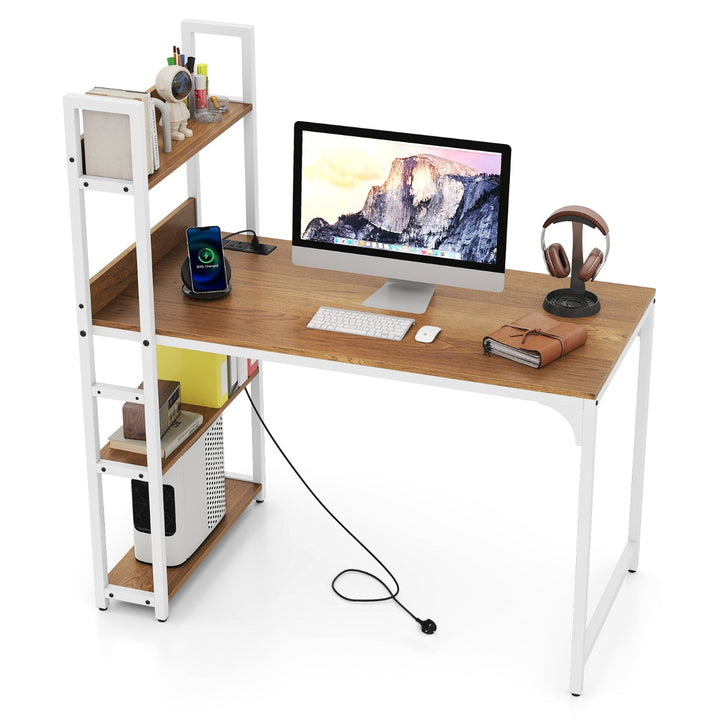 Computer Desk with Power Strip 120 CM Study Writing Desk with Bookshelf