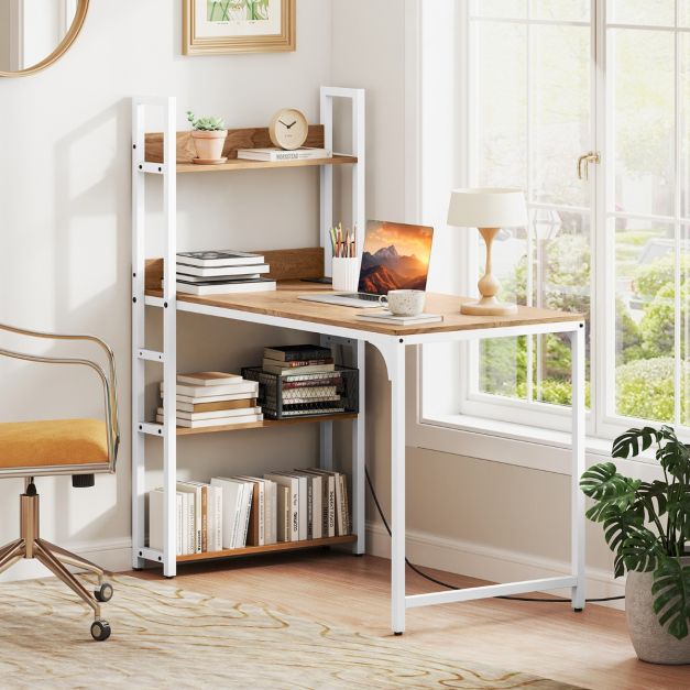 Computer Desk with Power Strip 120 CM Study Writing Desk with Bookshelf