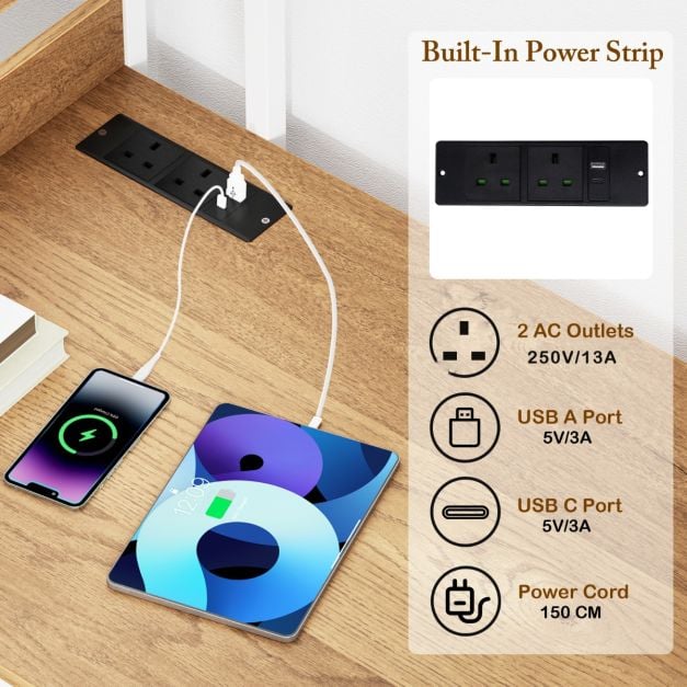 Computer Desk with Power Strip 120 CM Study Writing Desk with Bookshelf