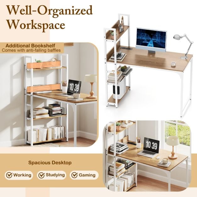 Computer Desk with Power Strip 120 CM Study Writing Desk with Bookshelf