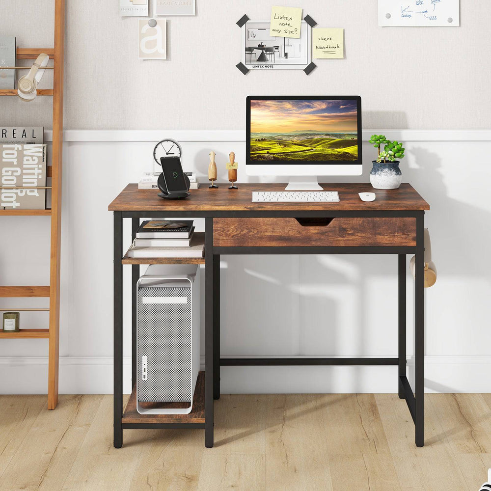 100 CM Industrial Home Office Desk with Drawer and Adjustable Shelf Rustic Brown - TidySpaces