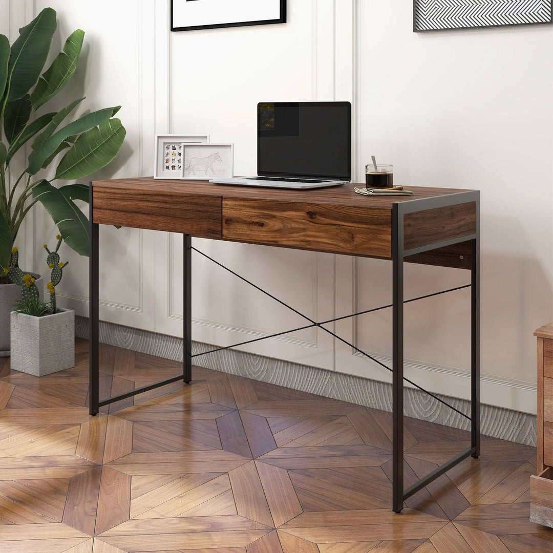 112 x 48 x 76cm Wooden Study Computer Desk with 2 Drawers - TidySpaces