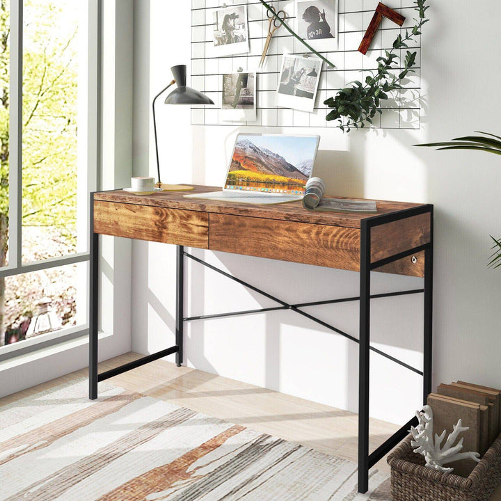 112 x 48 x 76cm Wooden Study Computer Desk with 2 Drawers - TidySpaces