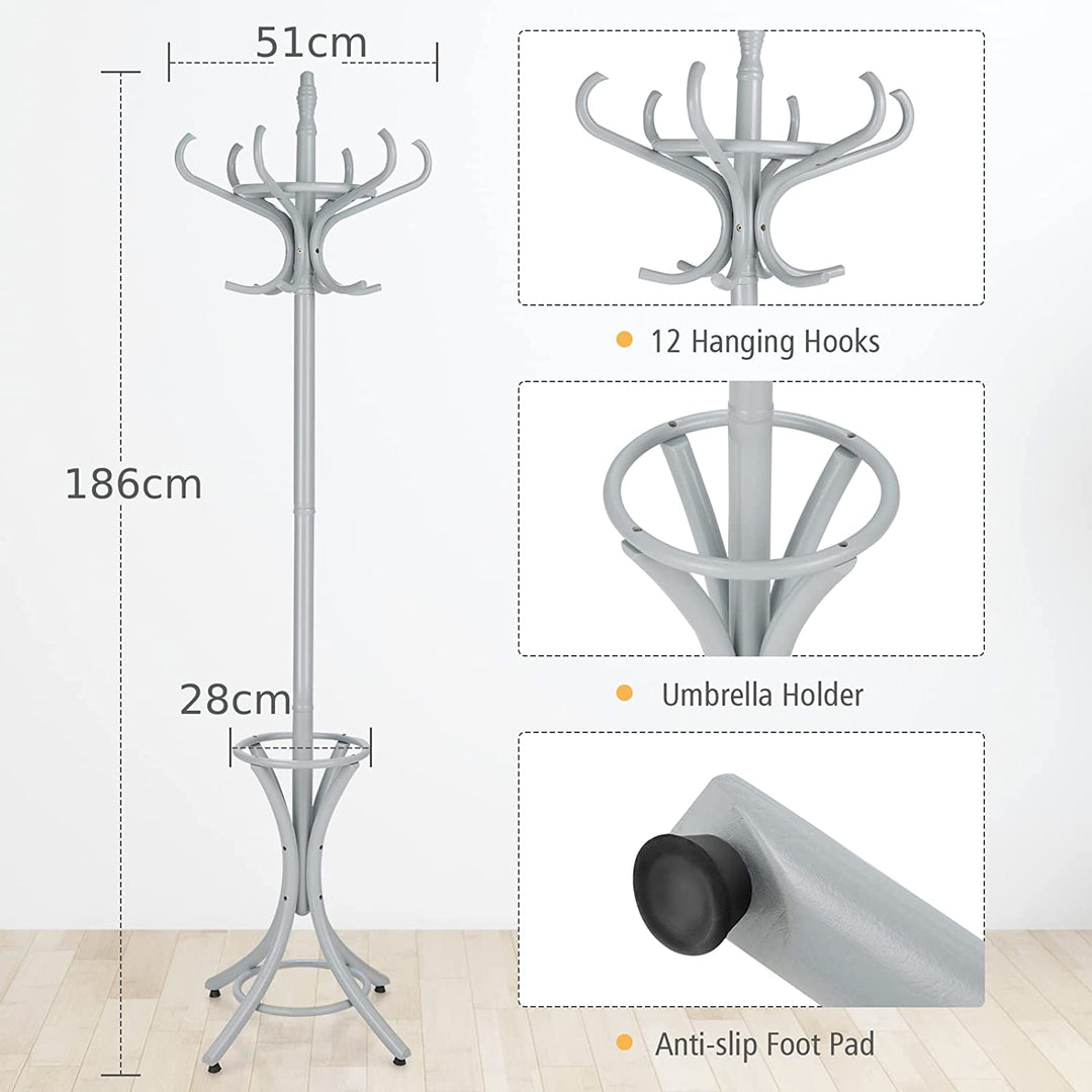 12 Hooks Freestanding Coat Rack with Umbrella Holder - TidySpaces