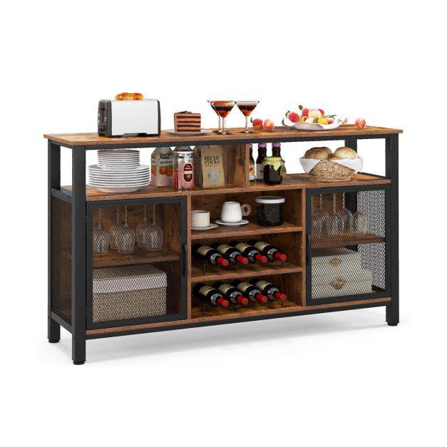 140cm Buffet Sideboard with 8 Bottle Wine Racks and 6 Rows of Wine Glass Holders - TidySpaces