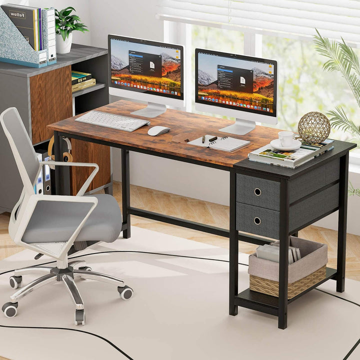 140cm Home Office Desk with 2 Drawers Hanging Hook Rustic Brown + Black - TidySpaces