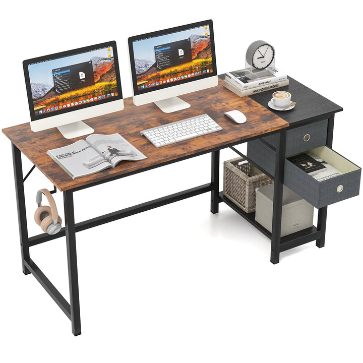 140cm Home Office Desk with 2 Drawers Hanging Hook Rustic Brown + Black - TidySpaces