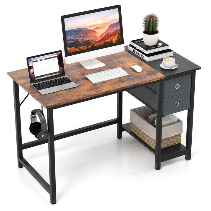 140cm Home Office Desk with 2 Drawers Hanging Hook Rustic Brown + Black - TidySpaces