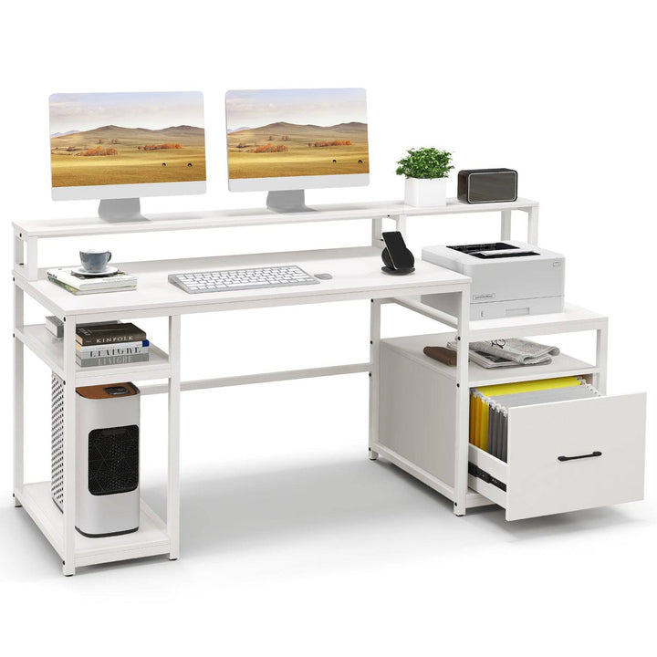 168 CM Home Office Computer Desk Modern Writing Desk with Monitor Stand White - TidySpaces