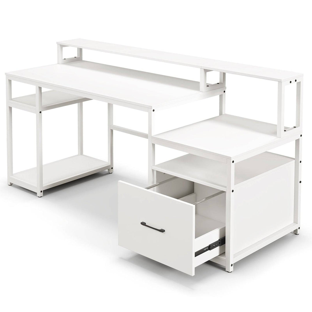 168 CM Home Office Computer Desk Modern Writing Desk with Monitor Stand White - TidySpaces