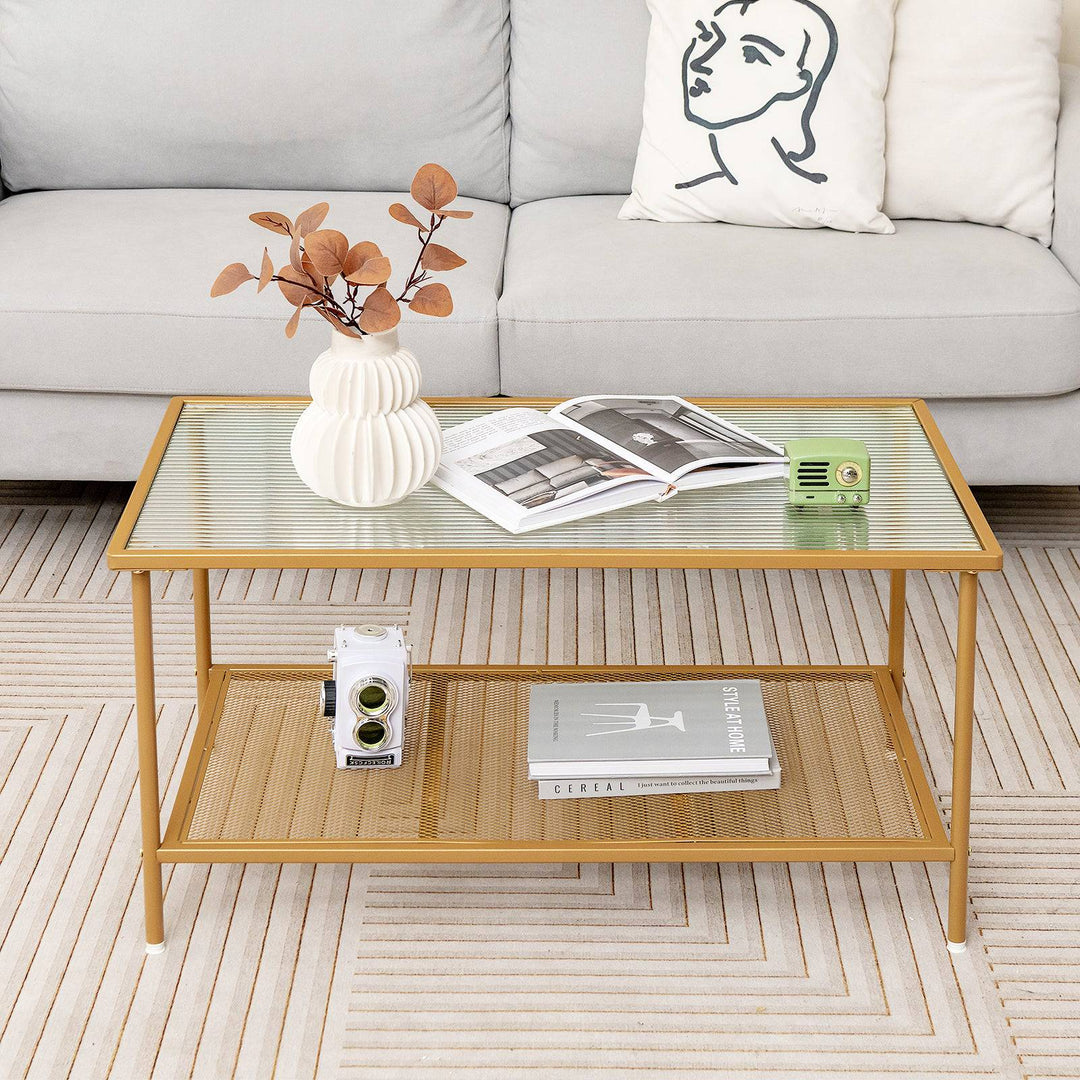 2 Tier Coffee Table with Shelf Tempered Glass Top - TidySpaces