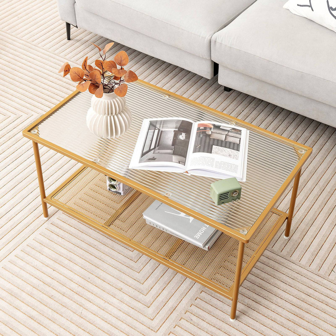 2 Tier Coffee Table with Shelf Tempered Glass Top - TidySpaces