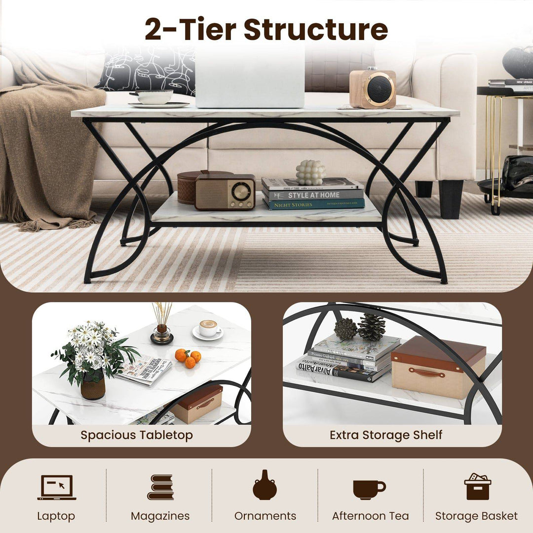 2 Tier Faux Marble Coffee Table with Golden Metal Frame - TidySpaces