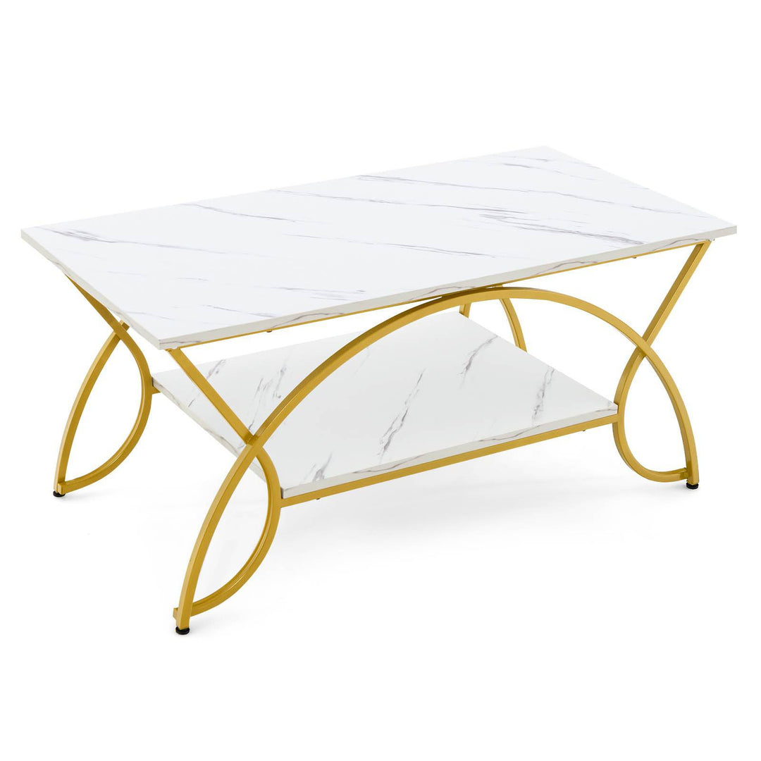 2 Tier Faux Marble Coffee Table with Golden Metal Frame - TidySpaces