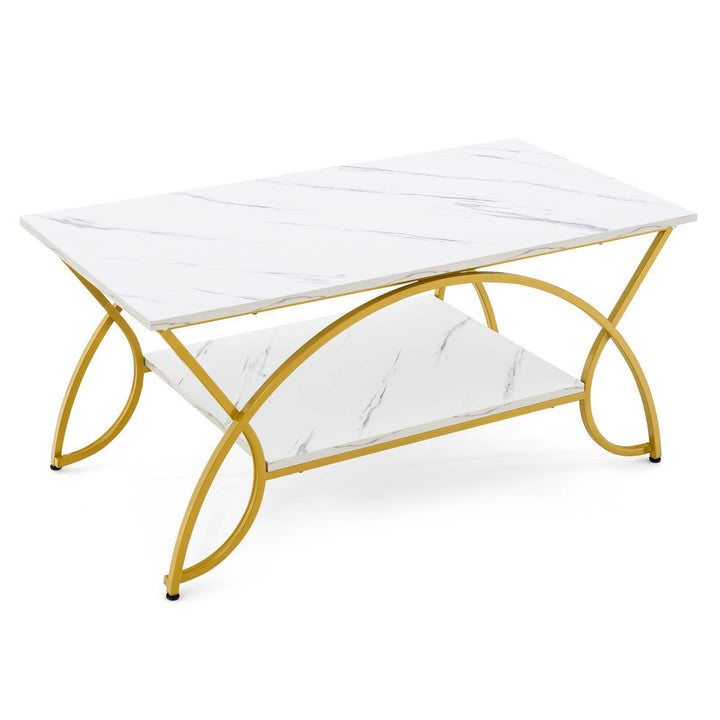 2 Tier Faux Marble Coffee Table with Golden Metal Frame - TidySpaces