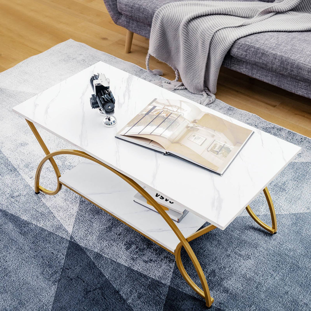 2 Tier Faux Marble Coffee Table with Golden Metal Frame - TidySpaces