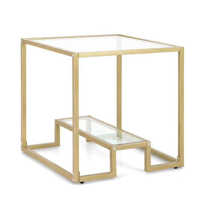 2 Tier Snack Table with Golden Metal Frame and Tempered Glass Tabletop - TidySpaces