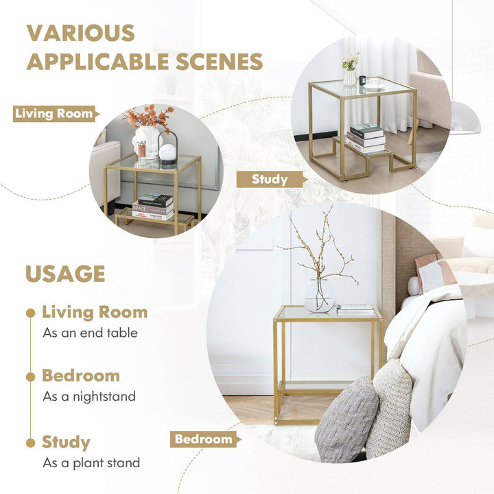 2 Tier Snack Table with Golden Metal Frame and Tempered Glass Tabletop - TidySpaces