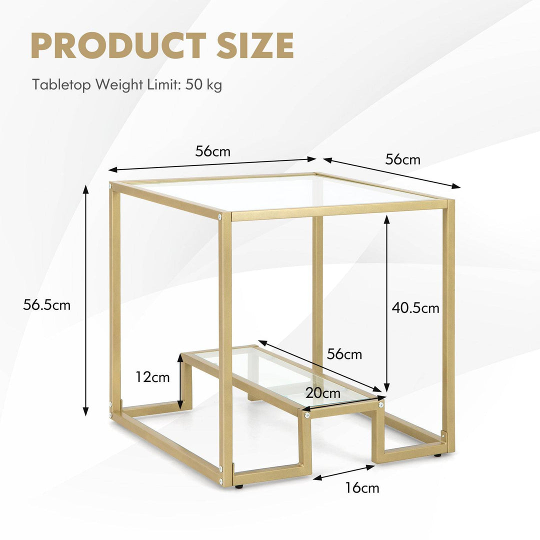 2 Tier Snack Table with Golden Metal Frame and Tempered Glass Tabletop - TidySpaces