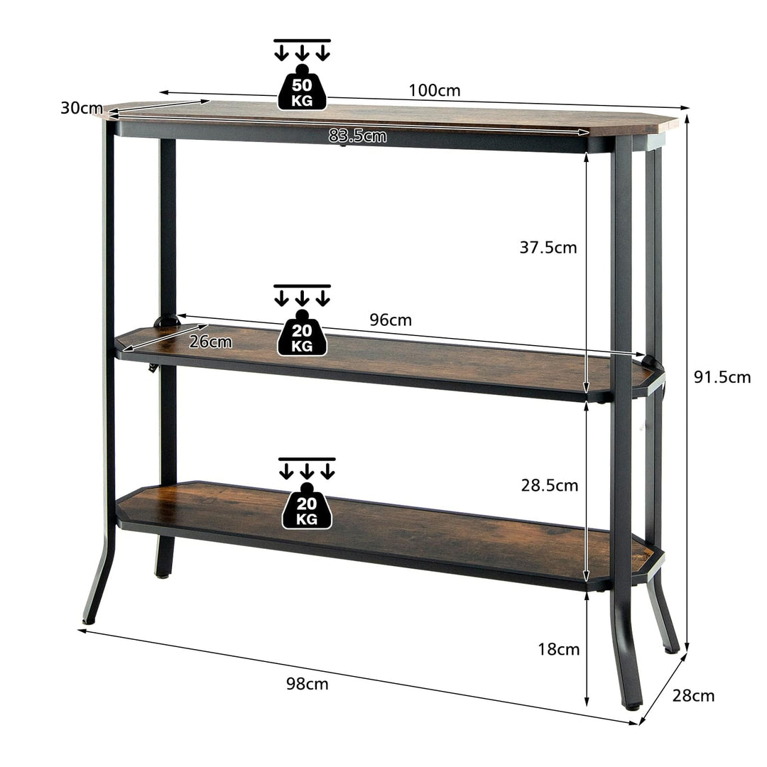 3 Tier Industrial Console Table with Storage Shelf for Home Living Room Rustic Brown - TidySpaces