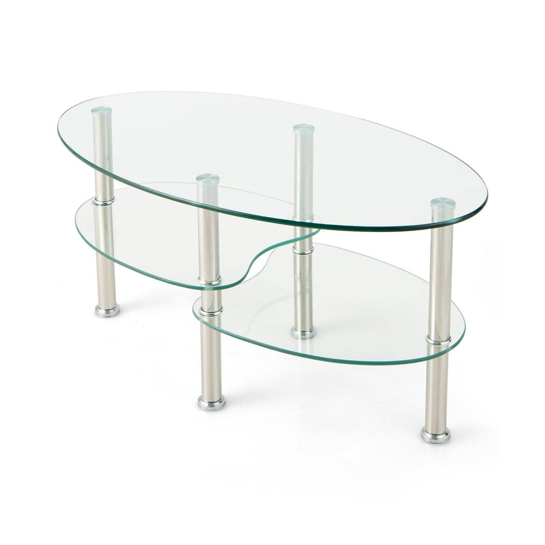 3 tier Tempered Glass Coffee Table wIth Steel Frame Transparent - TidySpaces