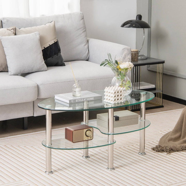 3 tier Tempered Glass Coffee Table wIth Steel Frame Transparent - TidySpaces