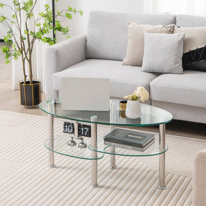 3 tier Tempered Glass Coffee Table wIth Steel Frame Transparent - TidySpaces