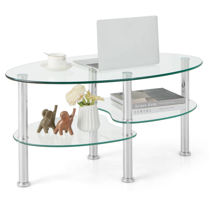 3 tier Tempered Glass Coffee Table wIth Steel Frame Transparent - TidySpaces