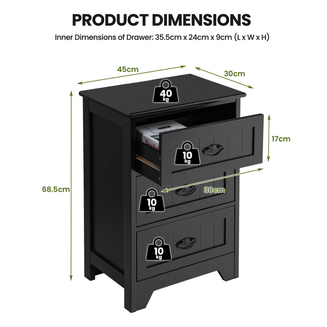 3 Tier Vintage Nightstand with Exquisite Metal Handles - TidySpaces