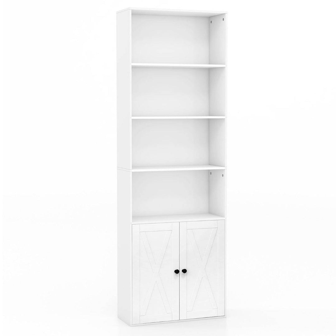 6 Tier Freestanding Bookcase with Farmhouse Style Cabinet Doors White - TidySpaces