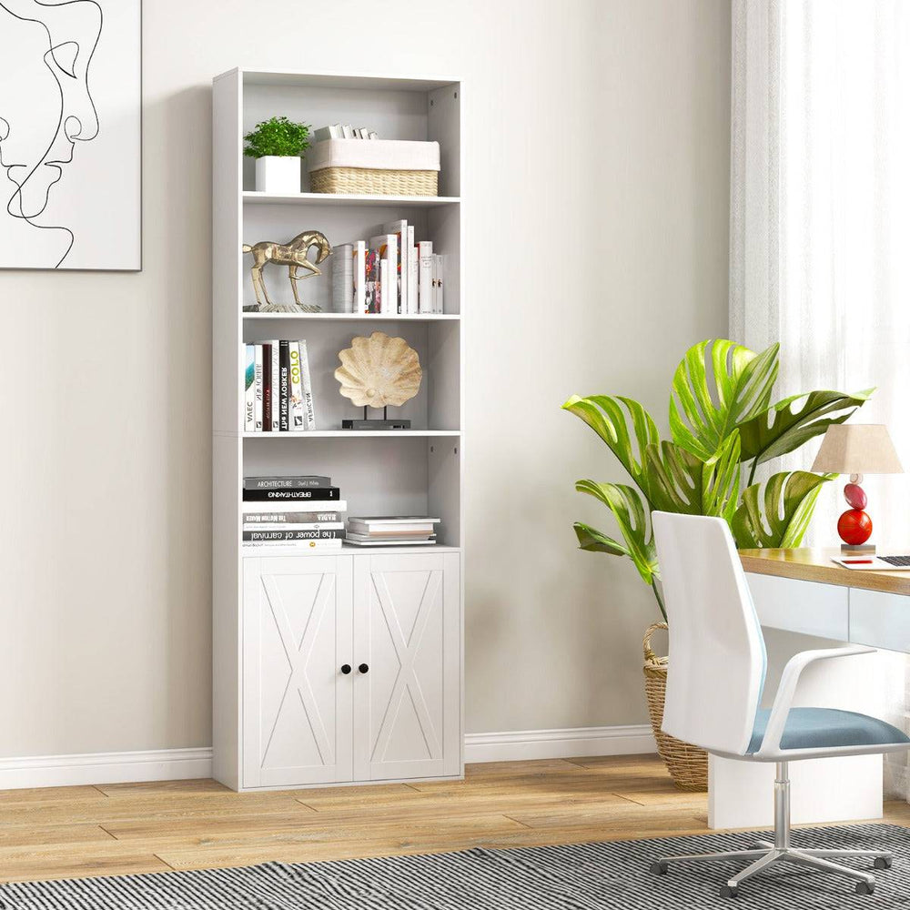 6 Tier Freestanding Bookcase with Farmhouse Style Cabinet Doors White - TidySpaces