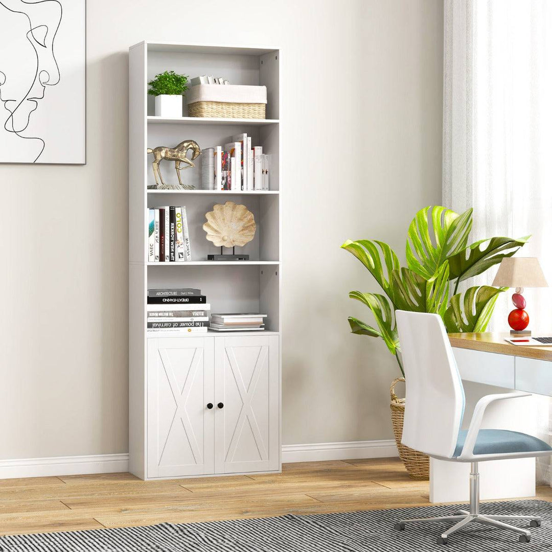 6 Tier Freestanding Bookcase with Farmhouse Style Cabinet Doors White - TidySpaces