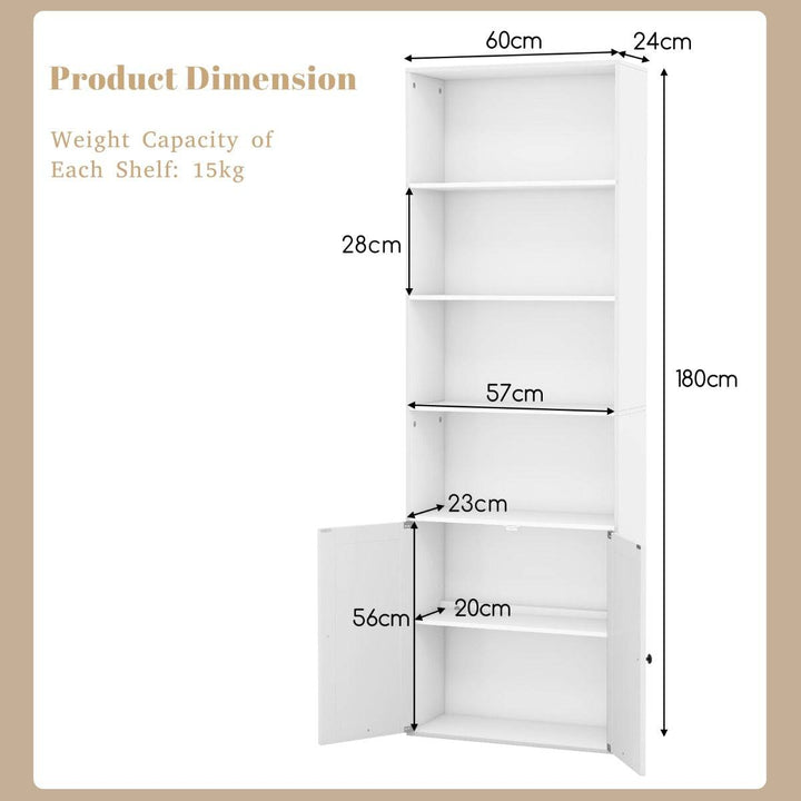 6 Tier Freestanding Bookcase with Farmhouse Style Cabinet Doors White - TidySpaces