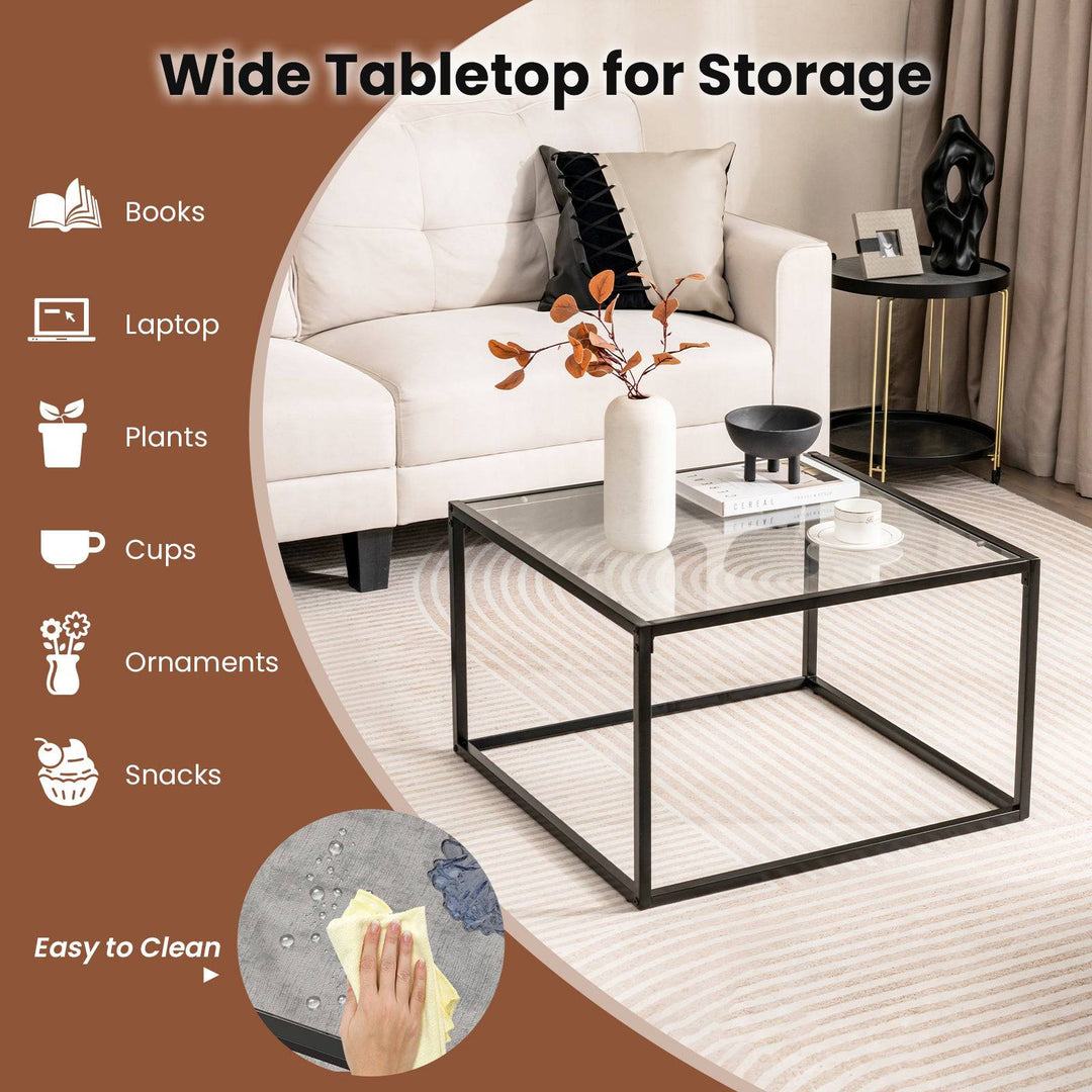 70 CM Modern Square Coffee Table with Metal Frame Transparent - TidySpaces