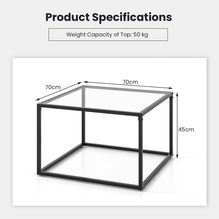 70 CM Modern Square Coffee Table with Metal Frame Transparent - TidySpaces