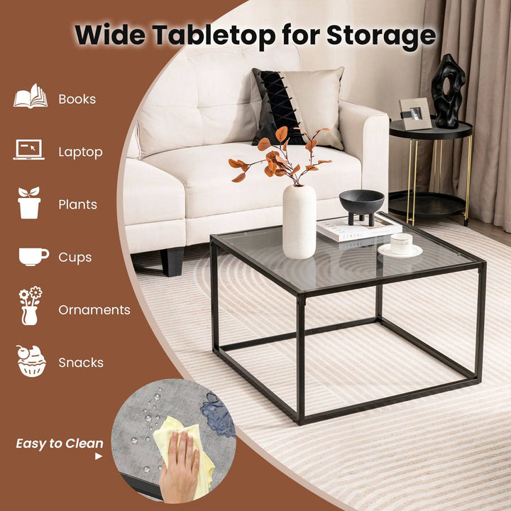 70 CM Modern Square Coffee Table with Metal Frame Transparent - TidySpaces