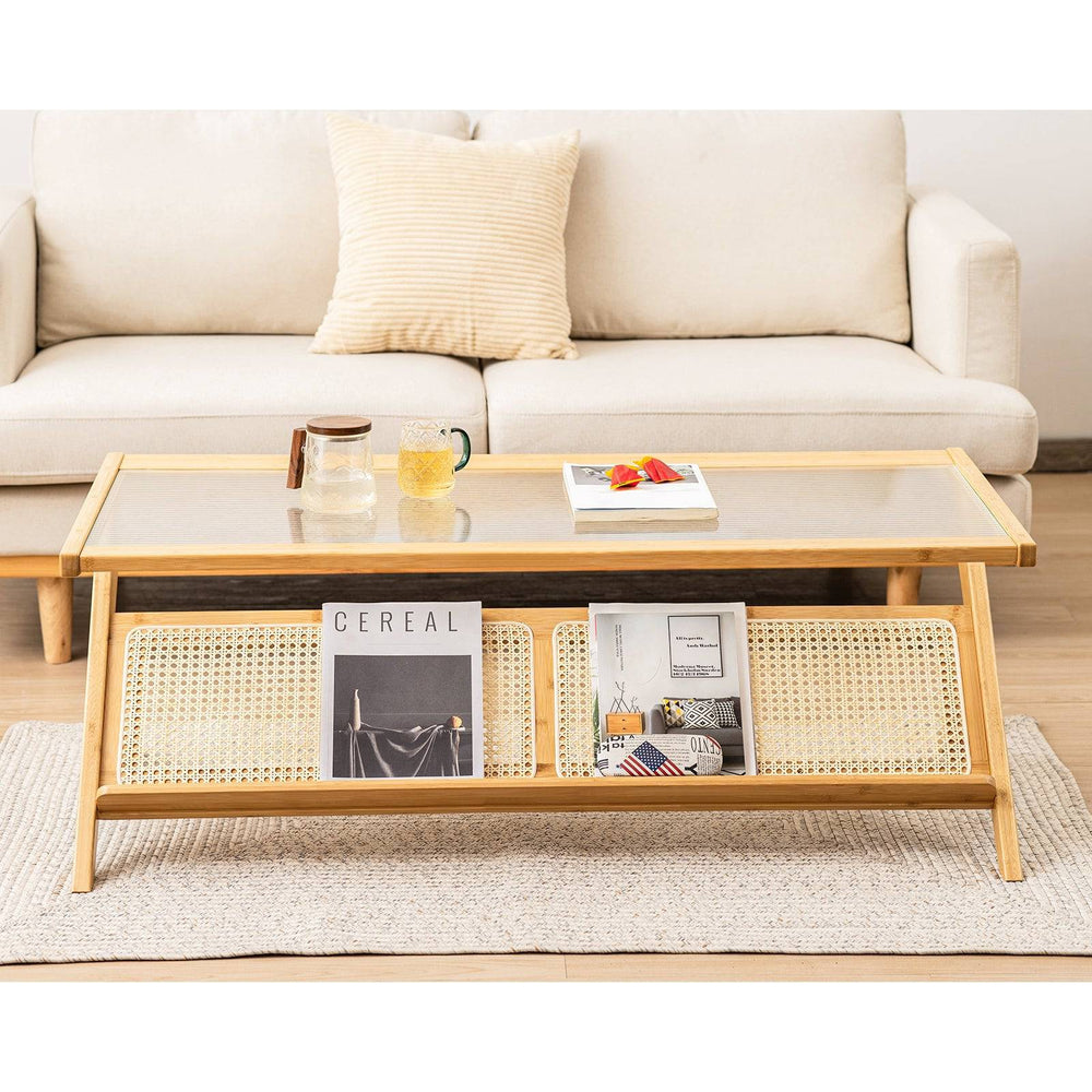 Bamboo Coffee Table with Glass Tabletop - TidySpaces