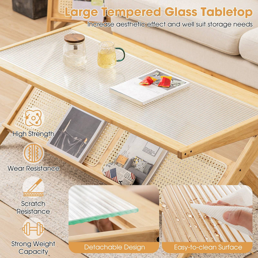 Bamboo Coffee Table with Glass Tabletop - TidySpaces