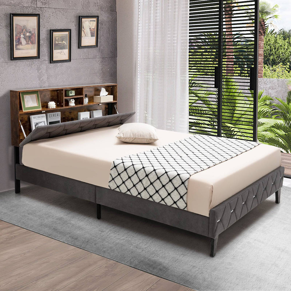 Bed Frame with Storage Headboard and Slat Support - TidySpaces