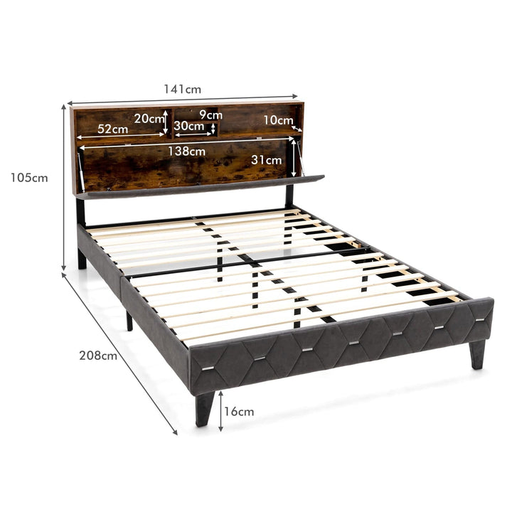 Bed Frame with Storage Headboard and Slat Support - TidySpaces