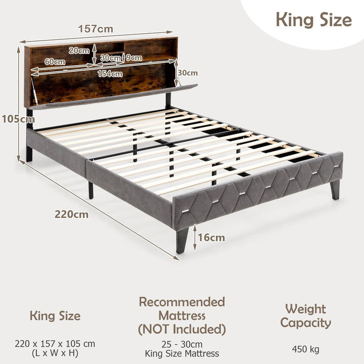 Bed Frame with Storage Headboard and Slat Support - TidySpaces