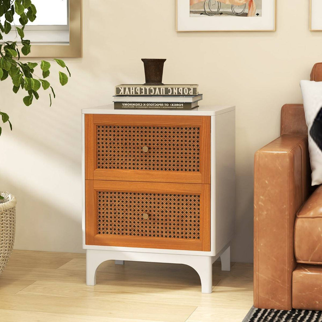 Boho Accent Table with 2 Handwoven Rattan Decorated Drawers White - TidySpaces