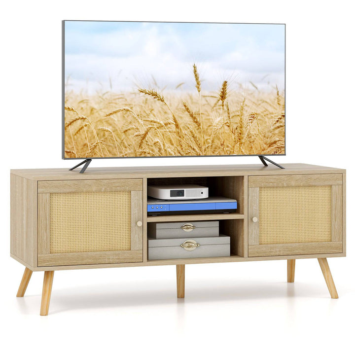 Boho PE Rattan TV Stand with 2 Cabinets and Open Shelves - TidySpaces